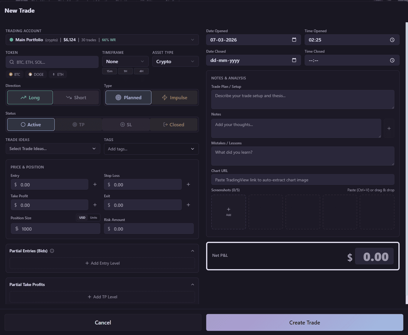 New Trade modal showing all fields: account, token, direction, entry, stop loss, take profit, notes, and screenshots