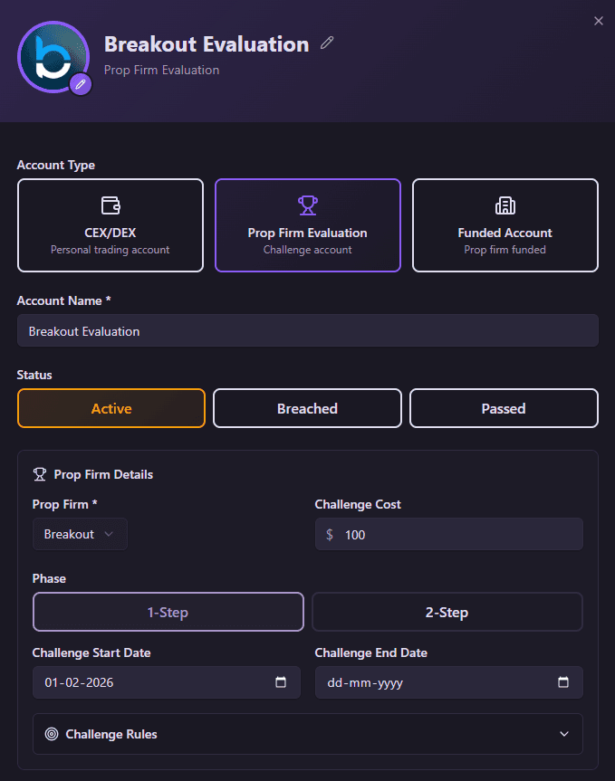 Prop Firm account creation dialog showing account type, status, challenge details and rules