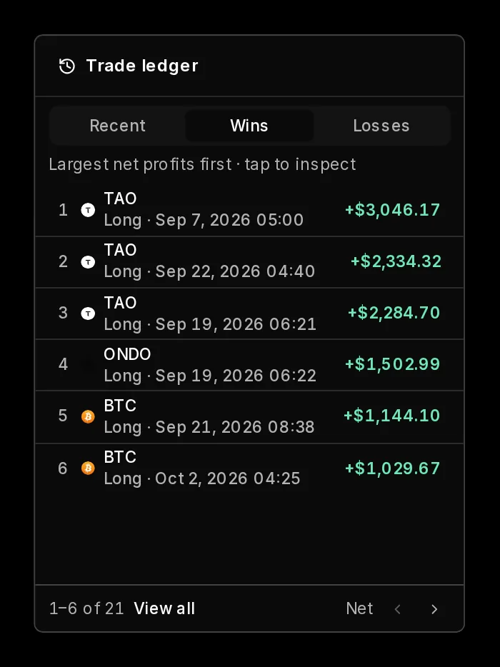 Trade ledger rows in Prism